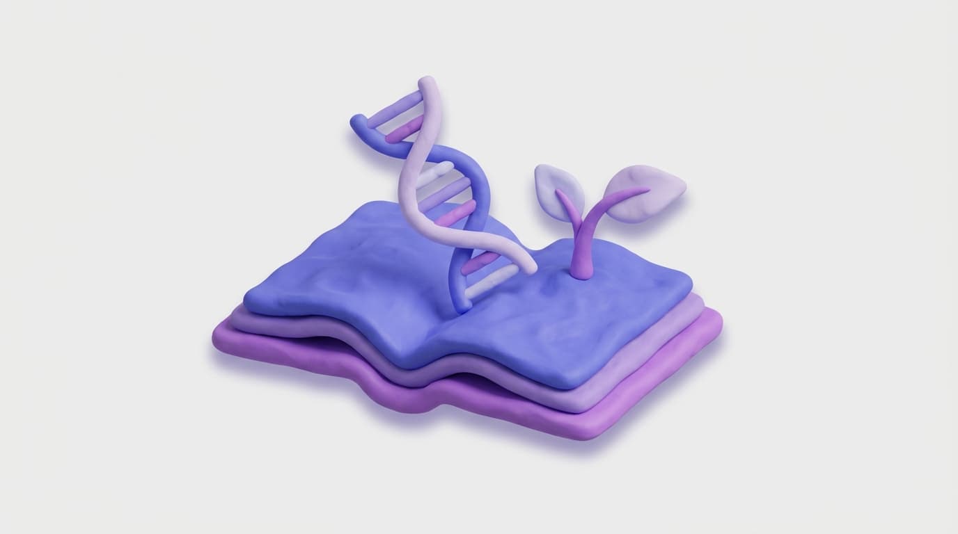 Clay illustration of an open notebook with a sprout and a double helix rising from it